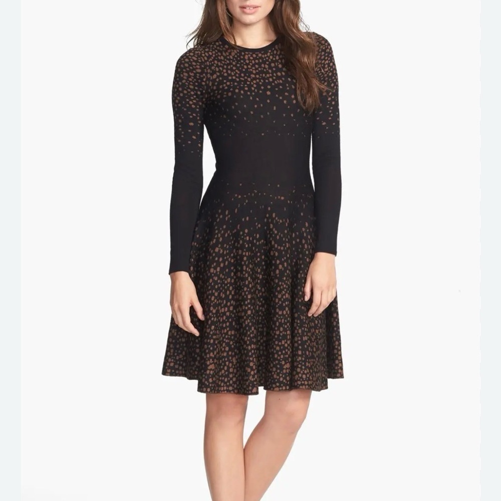 New York & Co Stretch Knit Fit n Flare Black Dress w Brown Polka Dots - size M